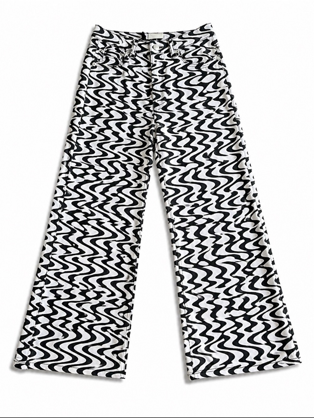 H&M Y2K Psychedelic Wave Print Flare Pants Black White High Rise Wide Leg Sz 6